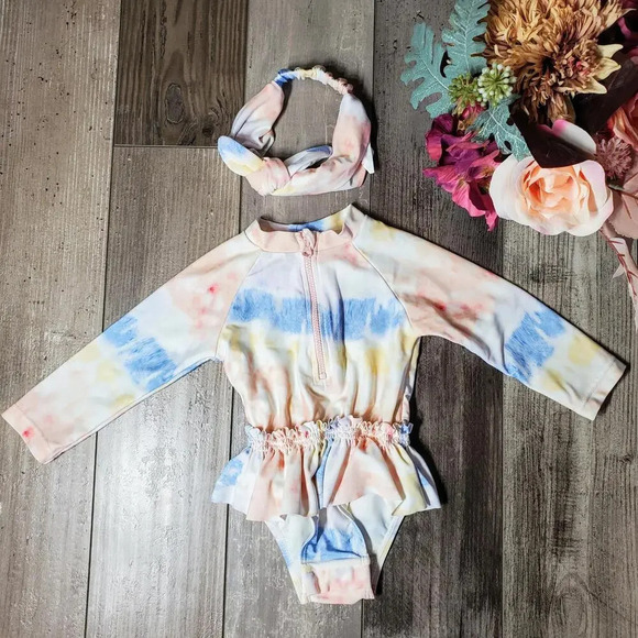 Jessica Simpson Toddler Girl Tie-Dye Ruffle One Piece Swimsuit & Headband Sz 24m - Picture 1 of 15